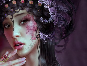 Fantasy Girl, black, ring, asian, tattoo, girl, beautiful, dark, finger, fantasy, abstract, face, flowers, women, hair, mouth HD wallpaper
