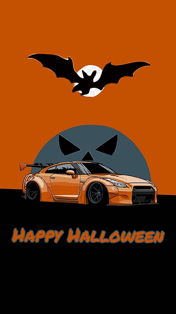 Halloween GT-R R35, automotive lighting, orange, cars, bat, gtr, black, pumpkin, grey HD phone wallpaper