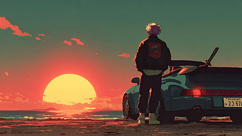 Anime Boy Carrying Katana With Porsche Car, anime-boy, katana, porsche, car, artist, artwork, art, digital-art, ai HD wallpaper