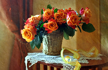 Still life with roses, bouquet, tea time, roses, vase, beautiful, fragrance, still life, pretty, elegance, scent, harmony, home HD wallpaper