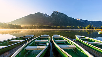 Row of boats at Hintersee lake, Bavaria, Germany, vehicle, boat HD wallpaper