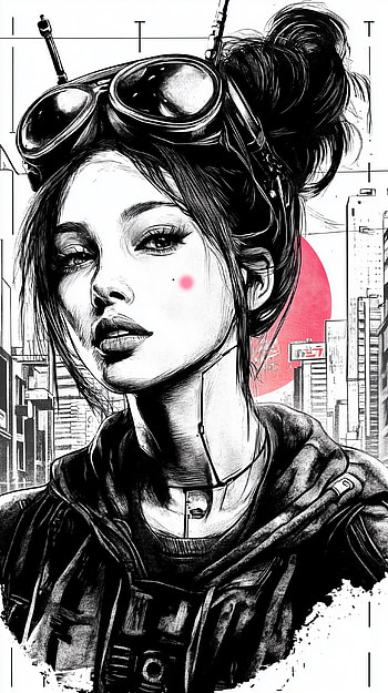 Cyberpunk Girl Black & White Drawing , Black & White, girl, drawing, cyberpunk HD phone wallpaper