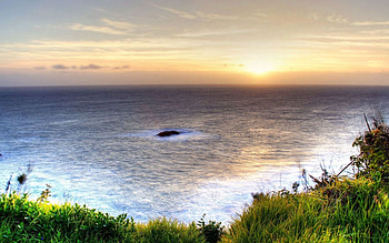Landscape, Nature, Sunset, Sea, Horizon, Shore, Bank, Vegetation, Greens, Height, Evening HD wallpaper