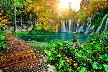 Plitvice NP, national park, emerald, Plitvice, sunlight, waterfall, forest, lake, Slovenia, beautiful HD wallpaper
