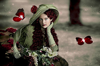 Girl With Flowers, butterflies, dark red, green, flowers, girl, deep red, wine HD wallpaper