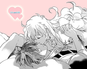 Good Morning Kiss, nia, scene, simon, pink, anime, mecha, couple, kiss, romantic, lovely, tengen toppa gurren lagann, together, sleep HD wallpaper