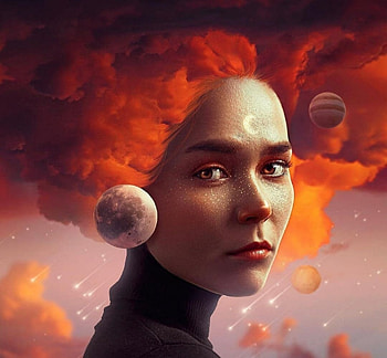 Univers by Deva Prasath, stars, girl, orange, surreal, deva prasath, fantasy, planet, moon, red, space, luna, face, luminos, redhead, cloud HD wallpaper