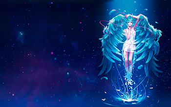 Hatsune Miku, blue, wings, frumusete, girl, angel, vocaloid, anime, fantasy, luminos, manga HD wallpaper