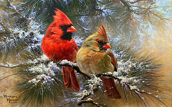 Cardinals in a Christmas Tree, artwork, winter, birds, snow, painting HD wallpaper