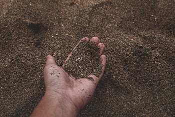 A hand scooping sand on a beach, highlighting texture and earthy tones. HD wallpaper