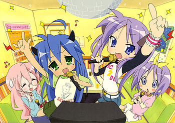 Lucky Star Karaoke, tsukasa, lucky star, blue eyes, ribbon, miyuki, long hair, twin tails, karaoke, kagami, konata, green eyes HD wallpaper