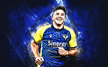 Giovanni Simeone, Hellas Verona, Argentine footballer, portrait, blue stone background, Italy, football HD wallpaper