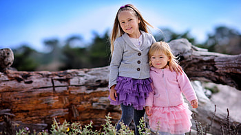Cute Little Girl Sisters Are Wearing Purple Pink Dress Standing In Wood Trunk Background Cute HD wallpaper