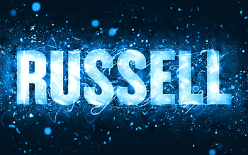 Happy Birtay Russell, , blue neon lights, Russell name, creative, Russell Happy Birtay, Russell Birtay, popular american male names, with Russell name, Russell HD wallpaper