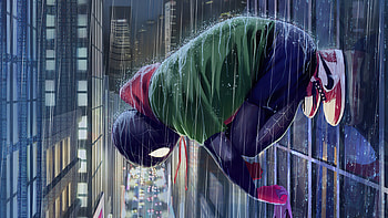Spiderman Miles In Rain, spiderman, superheroes, artwork, artist, pixiv HD wallpaper
