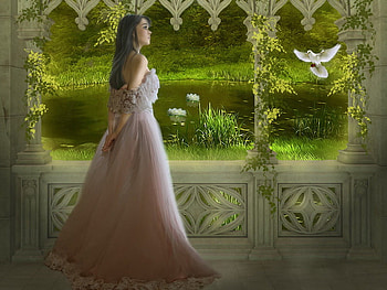 Secret pavillion, dove, fantasy, pavillion, green, girl, dream, secret HD wallpaper