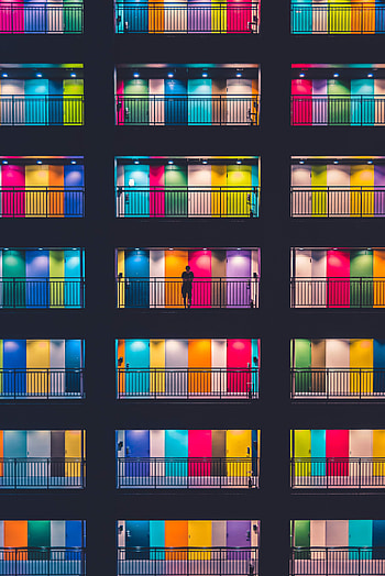 Building, Silhouette, Miscellanea, Miscellaneous, Multicolored, Motley, Doors, Door, Balconies HD phone wallpaper