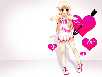 Pet a Pan U Can do It, sexy, white, hot, cute, girl, long hair, dress, anime girl, pink, pink eye, simple, anime, love, blonde hair, heart, female HD wallpaper