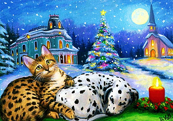 All is Bright, artwork, puppy, cub, painting, house, church, christmas tree HD wallpaper