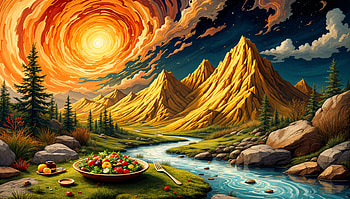 Vibrant Lunch in Nature - Ultra, lunch, landscape, mountain, river, salad HD wallpaper