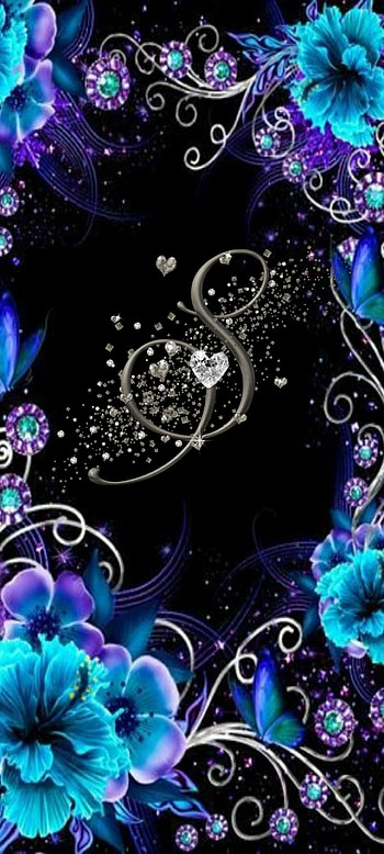 Letter S, flowers, blue, black, hearts, purple, silver, cute HD phone wallpaper