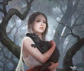 Injured, blue, leesha hannigan, girl, mist, fantasy, dragon, luminos, forest HD wallpaper