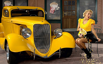 :), car, yellow, vintage, model, girl, woman HD wallpaper