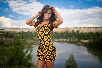 Brunette in a Sunflower Dress, outdoors, model, dress, brunette HD wallpaper
