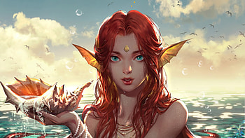 Mermaid, paint, redhead, art HD wallpaper