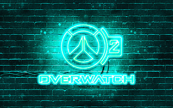 Overwatch 2 turquoise logo, , turquoise brickwall, Overwatch 2 logo, games brands, Overwatch 2 neon logo, Overwatch 2 HD wallpaper