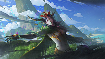 Goddess, blue, wings, kakathy, art, horns, feather, fantasy, green, luminos HD wallpaper