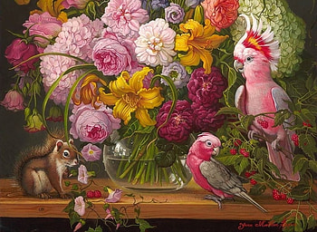Floral with parrots and squirrel, bird, art, yana movchan, raspberry, veverita, rose, pink, painting, yellow, picutra, fruit, pasari, parrot, squirrel HD wallpaper