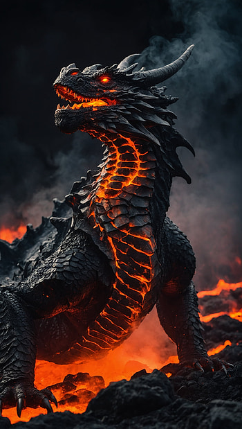 Powerful Obsidian Lava Dragon in a Volcanic Landscape, Fantasy, Monster HD phone wallpaper