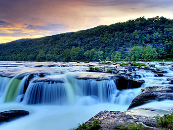 Sandstone Falls, falls, blue, languid, branches, trees, sky, rocks, foliage HD wallpaper