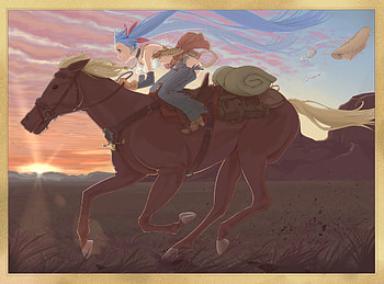 miku riding, miku, horse, pack, sunset HD wallpaper