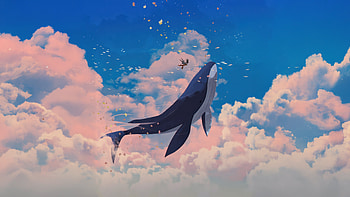 Skywhale In The Clouds, whale, clouds, artist, artwork, digital-art, pixiv HD wallpaper