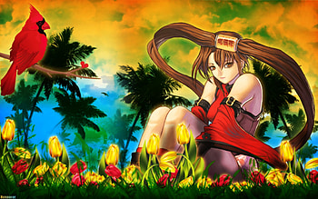 Anime, animal, cute, sit, long hair, dress, scenery, sitting, abstract, flower, scenic, female, sexy, scene, bird, garden, hot, girl, brown eye, tree, anime girl, plant, brown hair, lotus HD wallpaper