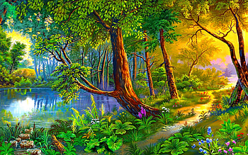 Forest Path, Painting, Flowers, Forest, River HD wallpaper