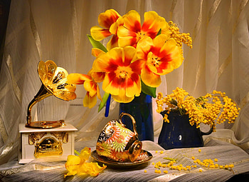 Still life, bouquet, vase, beautiful, pretty, yellow, flowers, elegance, lovely, harmony HD wallpaper