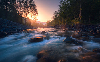 mountain river, evening, sunset, stones, forest, green trees, river, environment HD wallpaper