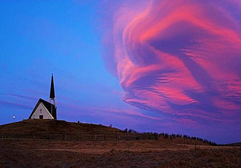 A cloud for the church, blue sky, pink clouds, church, country, hill HD wallpaper