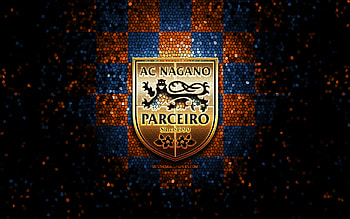 Nagano Parceiro FC, glitter logo, J3 League, orange blue checkered background, soccer, japanese football club, Nagano Parceiro logo, mosaic art, football, Nagano Parceiro HD wallpaper