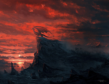 Sunset, Art, Rock, Cliff, Dragon HD wallpaper