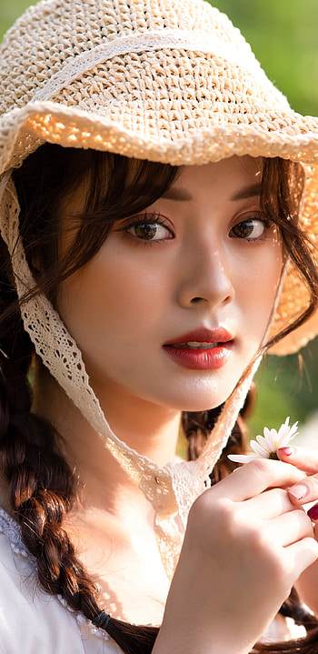 model, braid, brunette, hat, woman, asian HD phone wallpaper