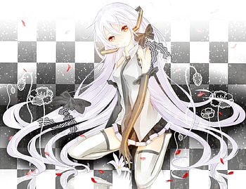 Miku Hatsune in white by Request, white, black, tiles, fan art, laces, vocaloid, checkerboards, flowers, lolita HD wallpaper
