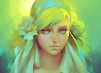 Girl, art, viccolatte, woman, fantasy, portrait, flower, green, yellow, luminos, wip HD wallpaper