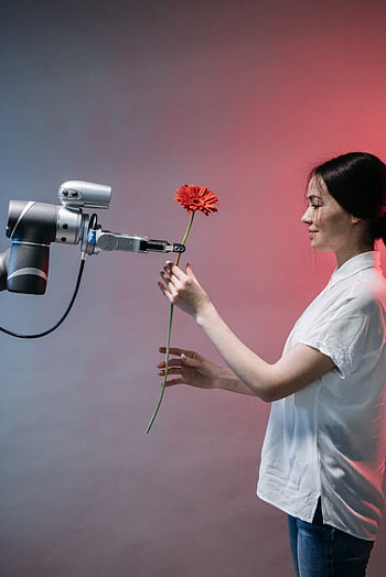 A woman interacts with a robotic arm holding a flower, symbolizing human-technology harmony. HD phone wallpaper