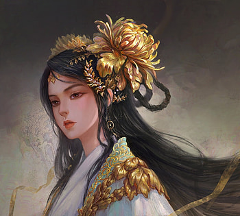 Golden Chrysanthemum, golden, art, girl, jewel, xiaofan zhang, fantasy, flower, autumn, face, luminos, chrysanthemum HD wallpaper