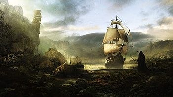 Ship, ancient, fantasy, man HD wallpaper