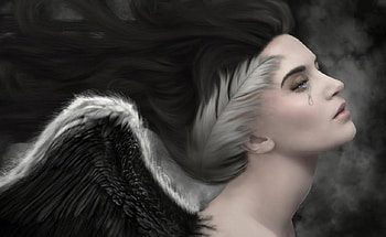Black angel, sad, wings, feathers, fantasy, tears HD wallpaper